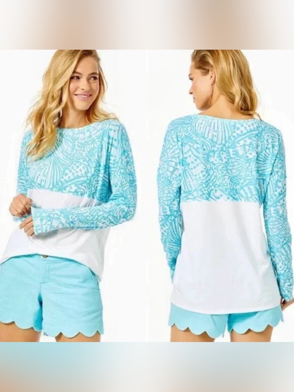 Lilly Pulitzer "Finn" Topp Sz XL Succulent Blue Sea Cups Summer Coastal Beachy